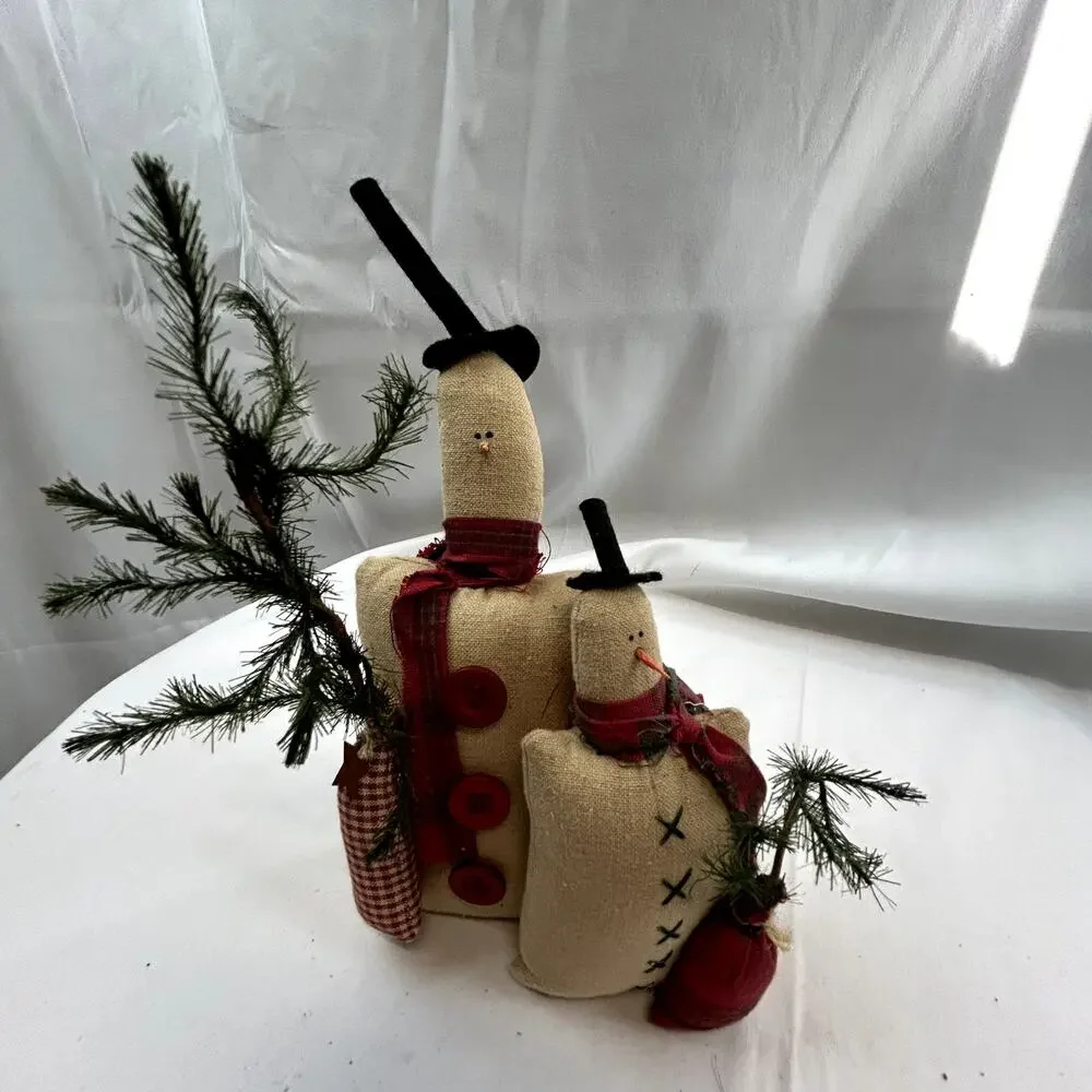 SKU2178 Handmade Flour Sack Snowmen With Trees Rustic Farmhouse Christmas Decor